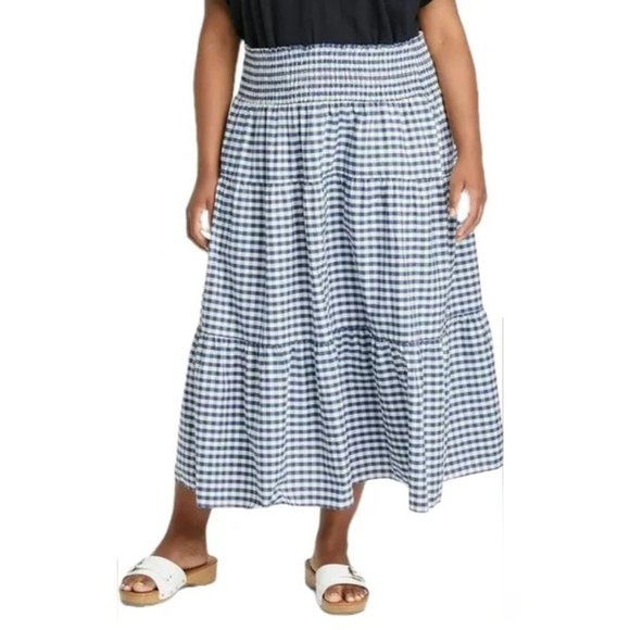 Universal Thread Blue and White Gingham Midi Skirt - Picture 1 of 10